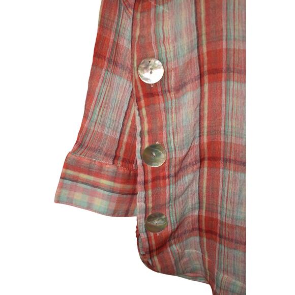 SOFT SURROUNDINGS $89 Lani Shores Guaze Cotton Plaid Lace Button-Up Tunic Large - Picture 3 of 5